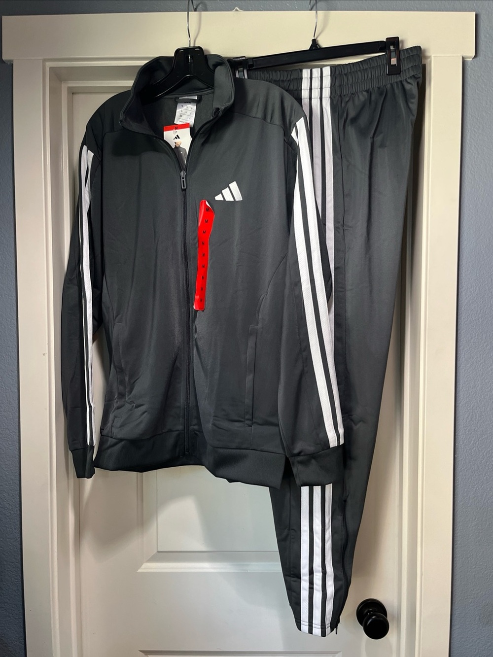 Mens Medium Adidas 3 Stripe Tricot Track Jacket And Pant Gray White Set Suit New